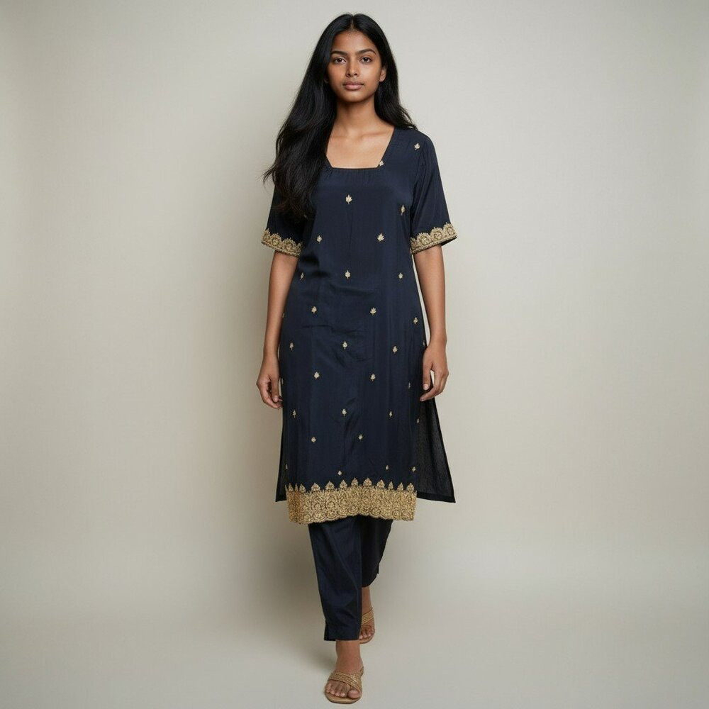 2pc Punjabi Suit‎ Est. L Navy Gold Embroidered + Sequins Desi Festival Ethnicwe